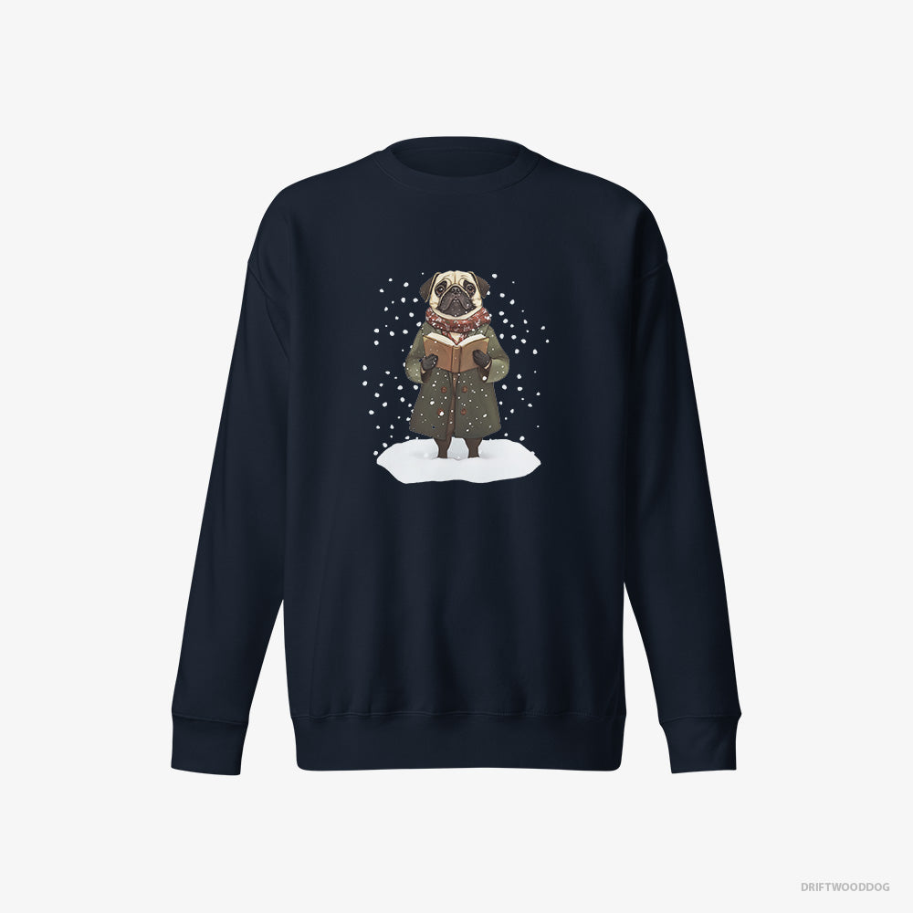 Pug Sweatshirt – Men Navy Sweatshirt Eco-Friendly – Singing Christmas Carols (on White Background)