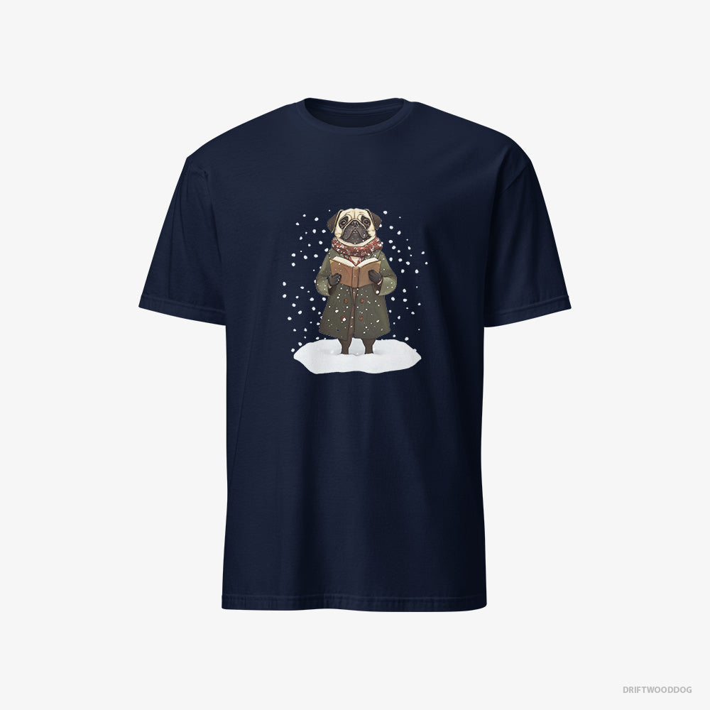 Pug T-Shirt – Women Navy T-Shirt Classic – Singing Christmas Carols (on White Background)