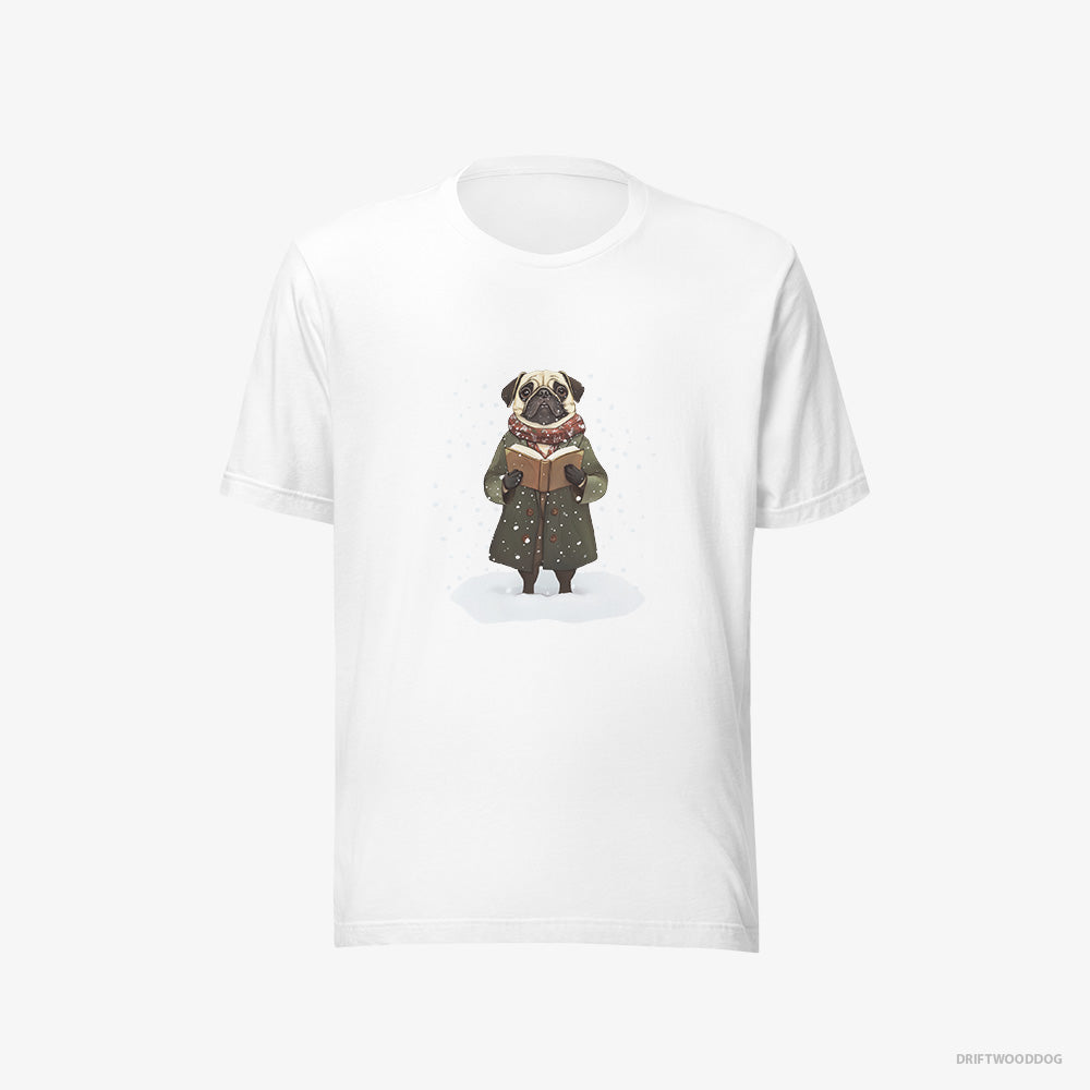 Pug T-Shirt – Men White T-Shirt Eco-Friendly – Singing Christmas Carols (on White Background)