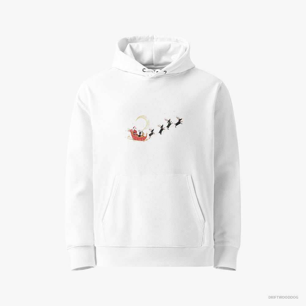 Dachshund Hoodie – Women White Hoodie Eco-Friendly – Reindeers Pulling Santa on a Sleigh (on White Background)