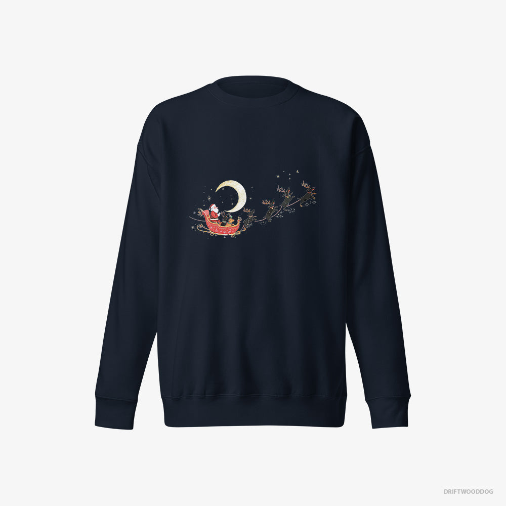 Dachshund Sweatshirt – Men Navy Sweatshirt Eco-Friendly – Reindeers Pulling Santa on a Sleigh (on White Background)