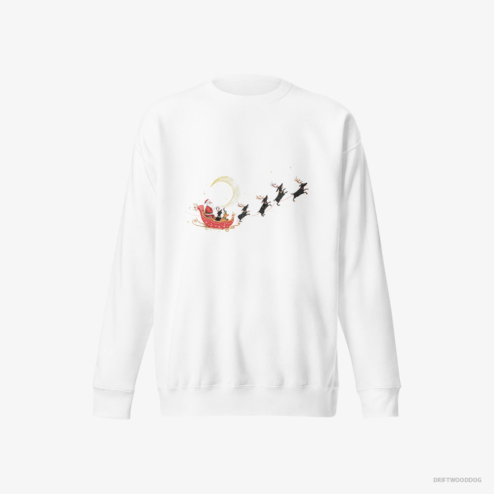 Dachshund Sweatshirt – Men White Sweatshirt Eco-Friendly – Reindeers Pulling Santa on a Sleigh (on White Background)