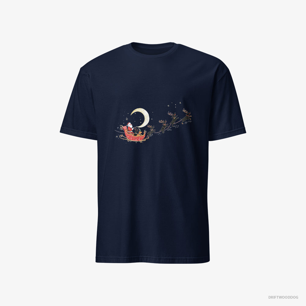 Dachshund T-Shirt – Women Navy T-Shirt Classic – Reindeers Pulling Santa on a Sleigh (on White Background)