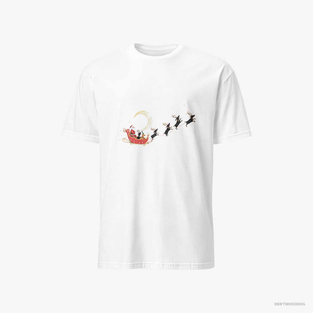 Dachshund T-Shirt – Men White T-Shirt Classic – Reindeers Pulling Santa on a Sleigh (on White Background)