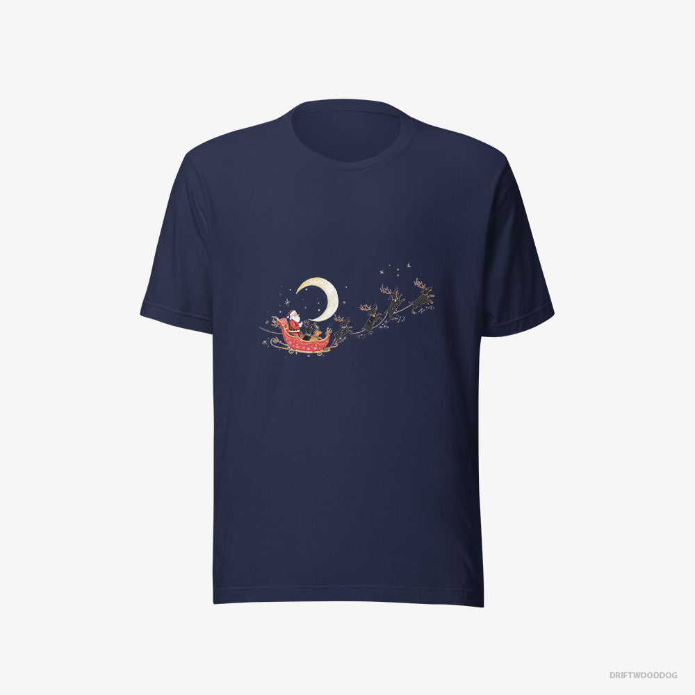 Dachshund T-Shirt – Men Navy T-Shirt Eco-Friendly – Reindeers Pulling Santa on a Sleigh (on White Background)