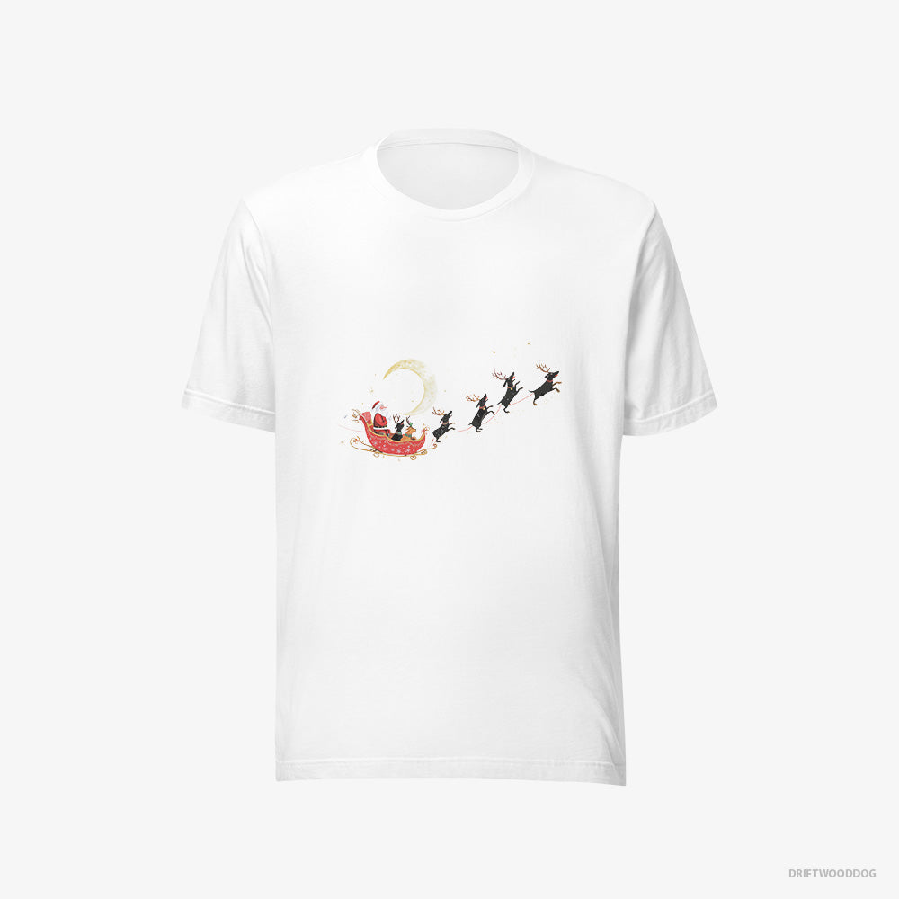 Dachshund T-Shirt – Men White T-Shirt Eco-Friendly – Reindeers Pulling Santa on a Sleigh (on White Background)