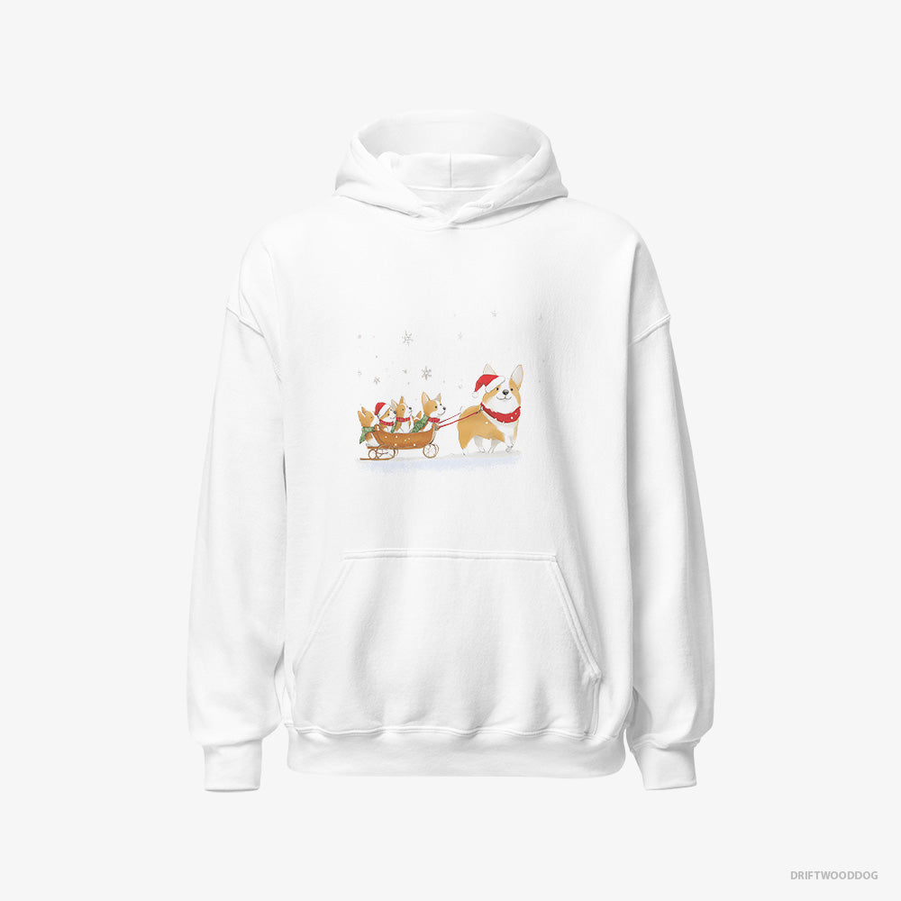 Corgi Hoodie – Men White Hoodie Classic – Sledding with Puppies (on White Background)