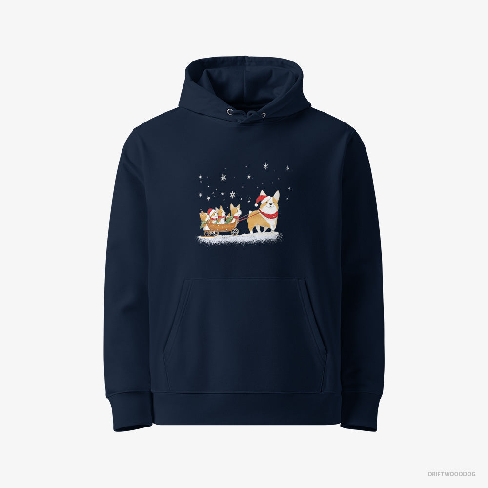 Corgi Hoodie – Women Navy Hoodie Eco-Friendly – Sledding with Puppies (on White Background)