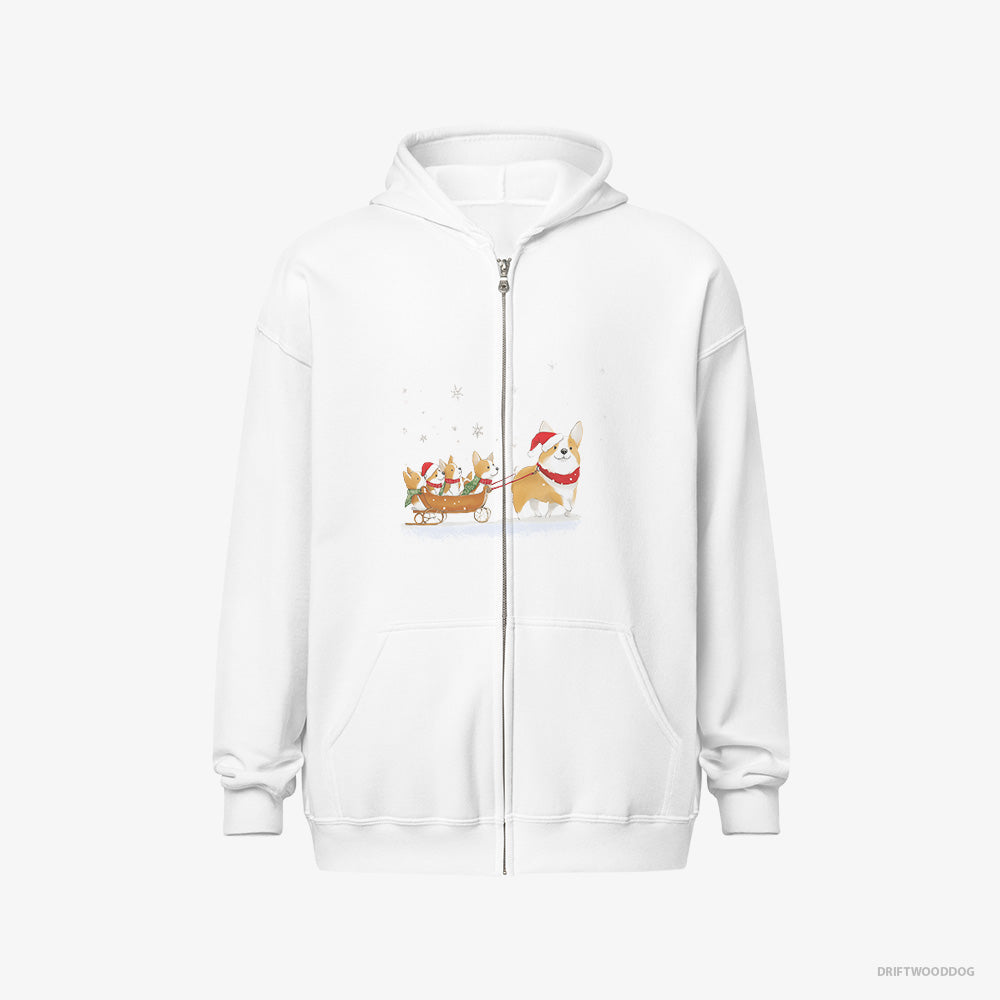 Corgi Hoodie – Men White Hoodie Full-Zip – Sledding with Puppies (on White Background)