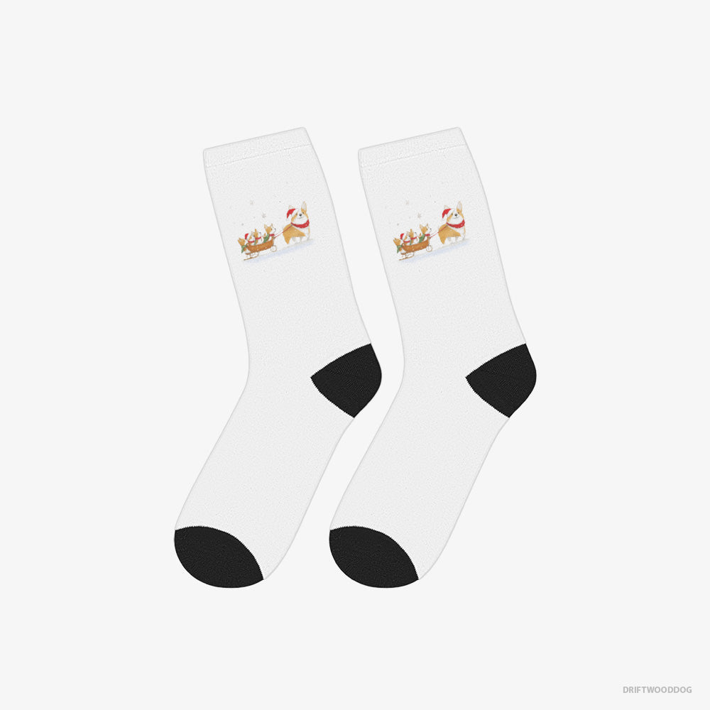 Cute Corgi Sledding with Puppies – Socks White – Classic