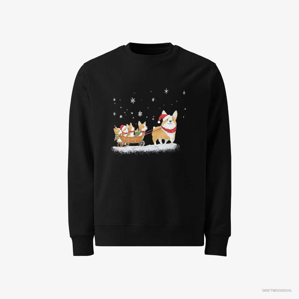 Corgi Sweatshirt – Men Black Sweatshirt Classic – Sledding with Puppies (on White Background)