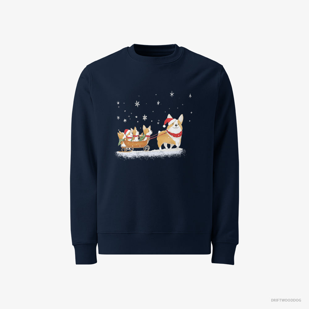 Corgi Sweatshirt – Men Navy Sweatshirt Classic – Sledding with Puppies (on White Background)