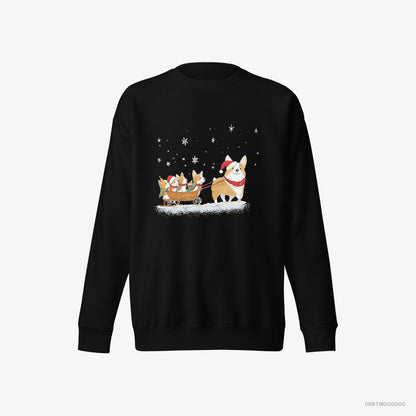 Corgi Sweatshirt – Men Black Sweatshirt Eco-Friendly – Sledding with Puppies (on White Background)