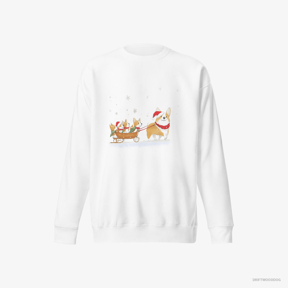 Corgi Sweatshirt – Men White Sweatshirt Eco-Friendly – Sledding with Puppies (on White Background)