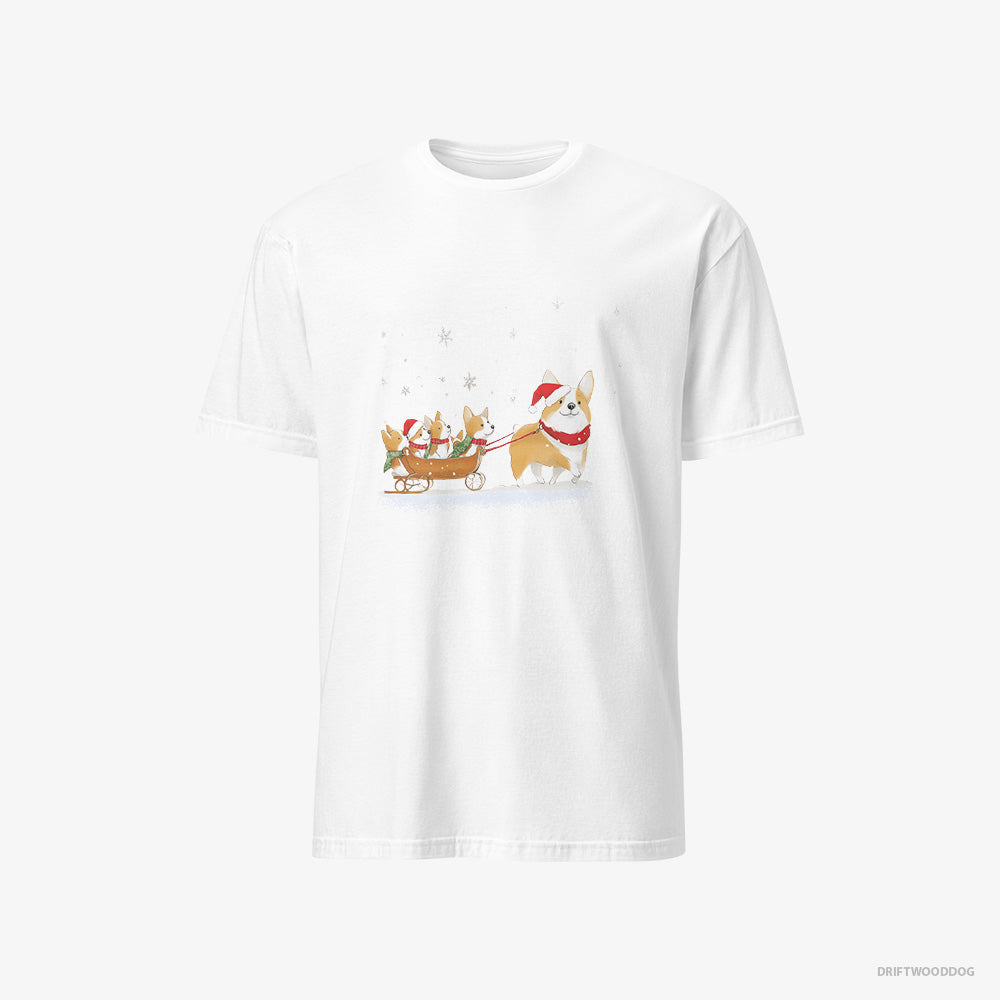 Corgi T-Shirt – Men White T-Shirt Classic – Sledding with Puppies (on White Background)