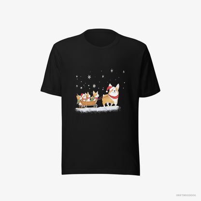 Corgi T-Shirt – Men Black T-Shirt Eco-Friendly – Sledding with Puppies (on White Background)