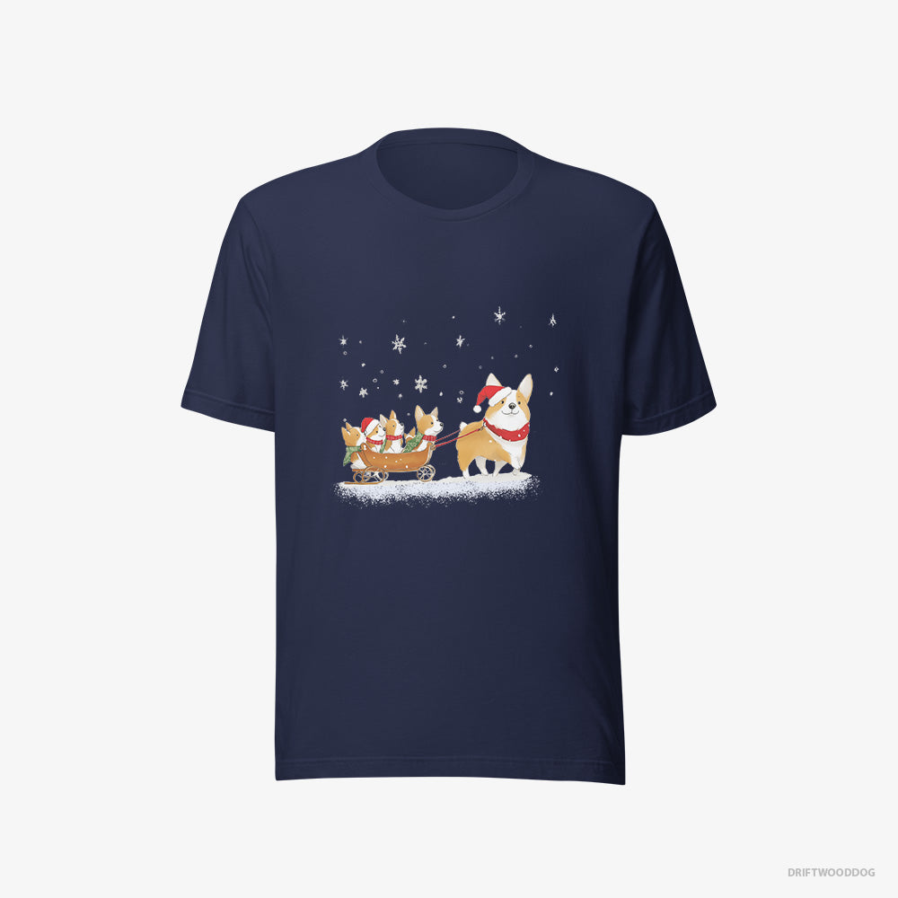 Corgi T-Shirt – Women Navy T-Shirt Eco-Friendly – Sledding with Puppies (on White Background)