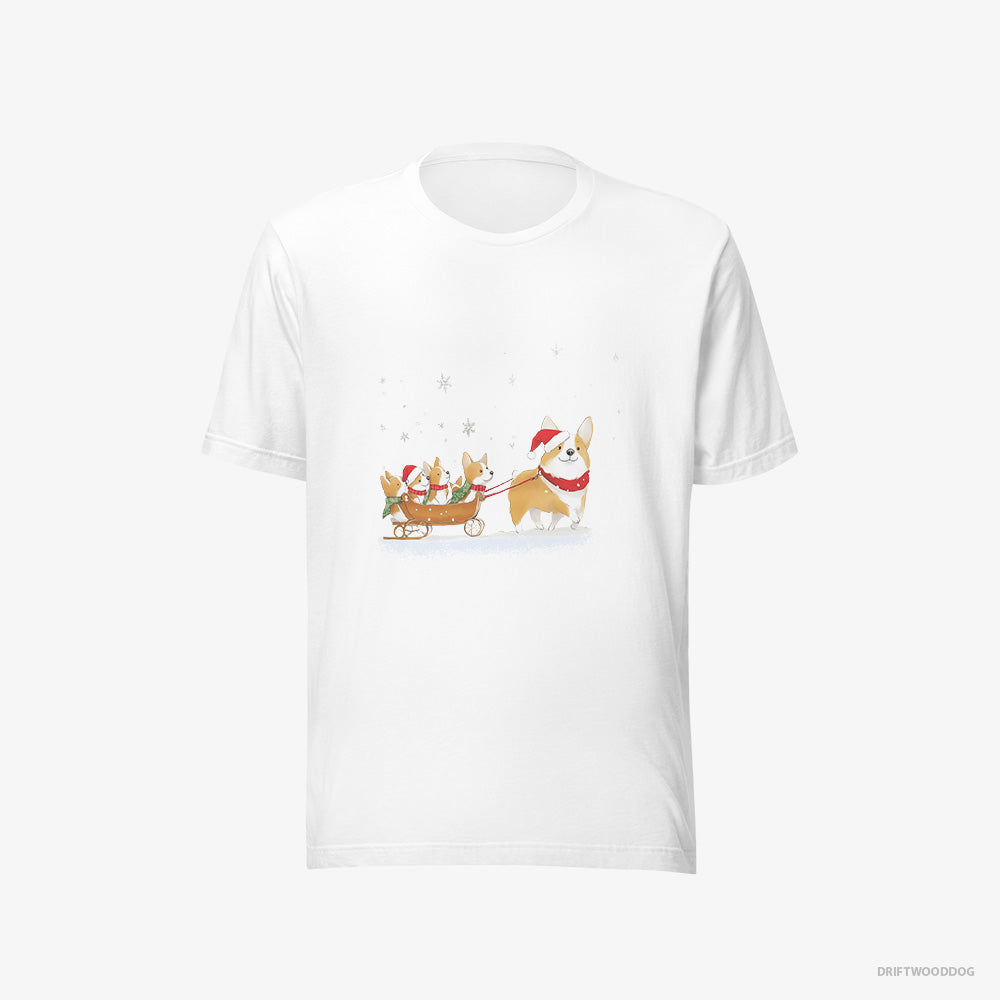 Corgi T-Shirt – Women White T-Shirt Eco-Friendly – Sledding with Puppies (on White Background)