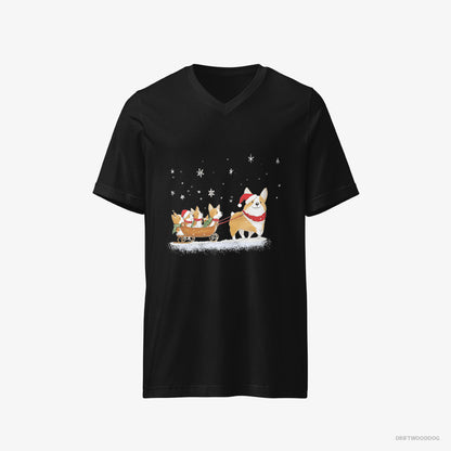 Corgi T-Shirt – Men Black T-Shirt V-Neck – Sledding with Puppies (on White Background)