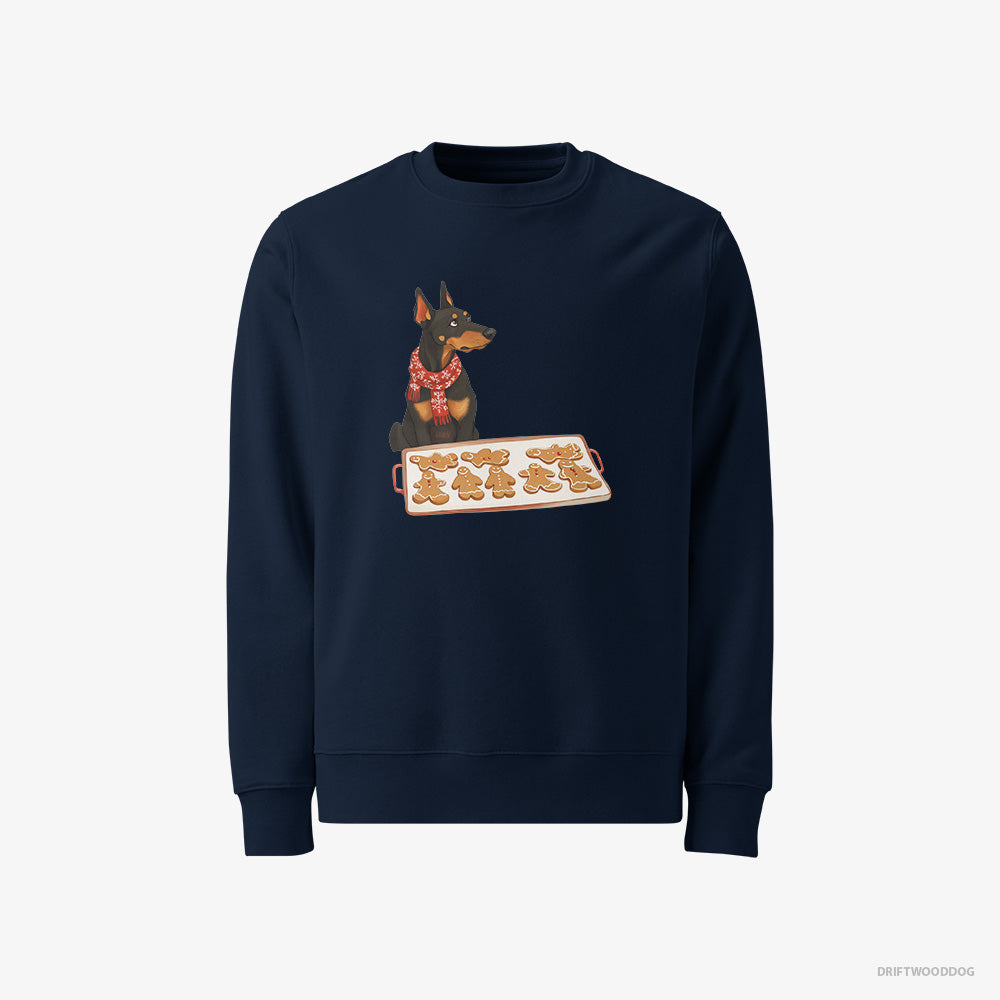 Dobermann Sweatshirt – Women Navy Sweatshirt Classic – Making Festive Christmas Cookies (on White Background)