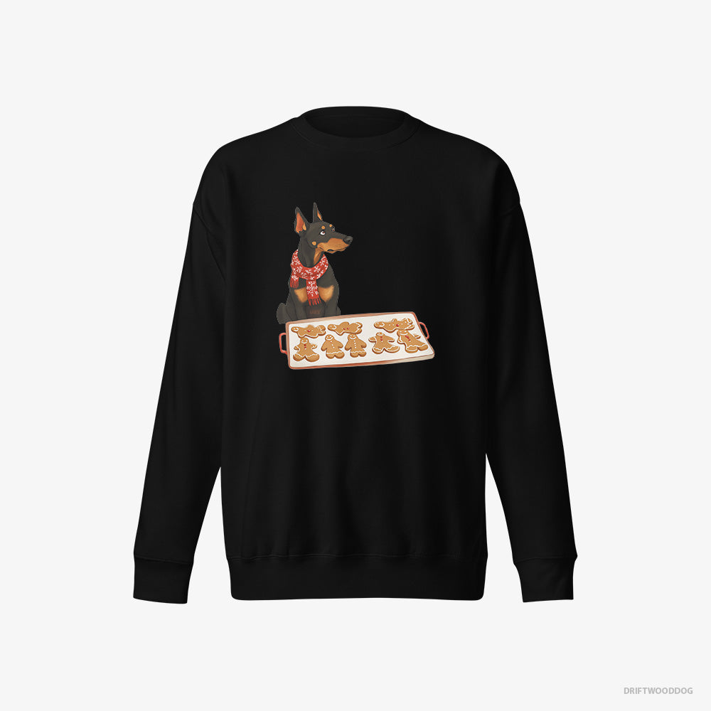 Dobermann Sweatshirt – Men Black Sweatshirt Eco-Friendly – Making Festive Christmas Cookies (on White Background)