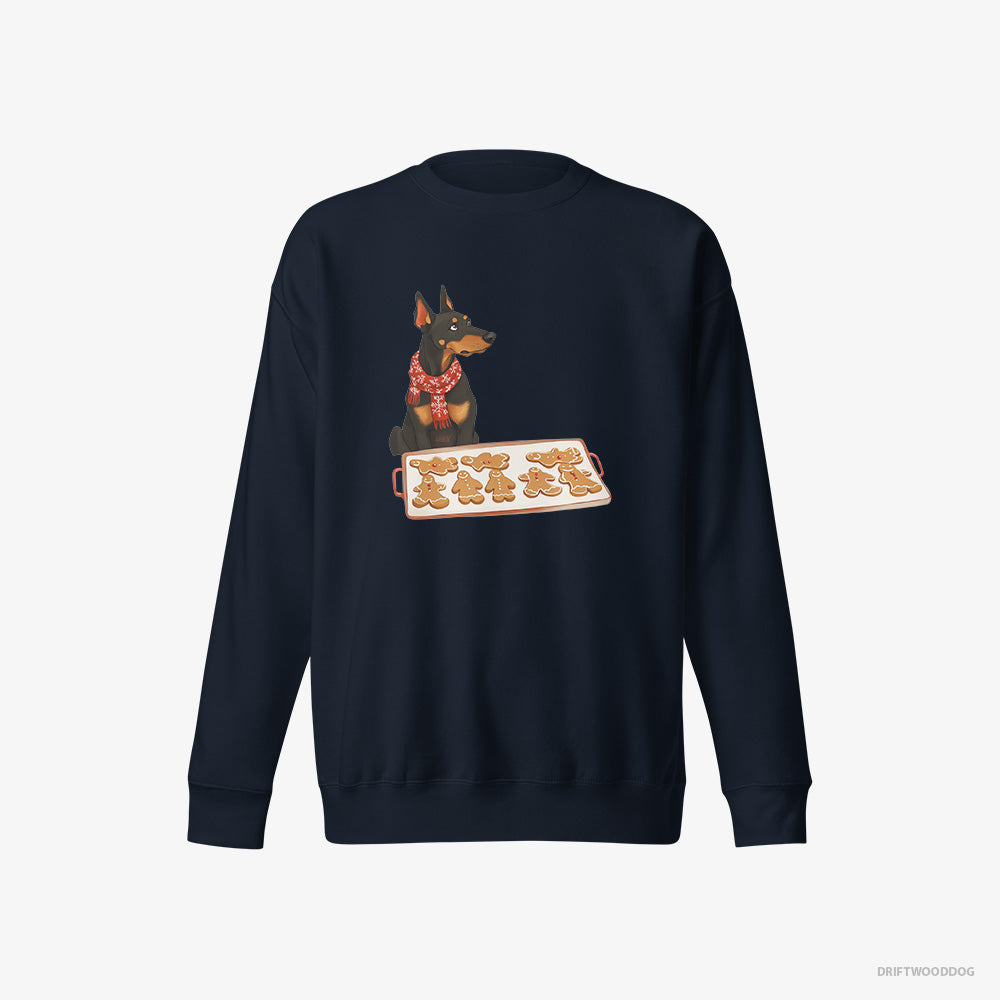 Dobermann Sweatshirt – Women Navy Sweatshirt Eco-Friendly – Making Festive Christmas Cookies (on White Background)