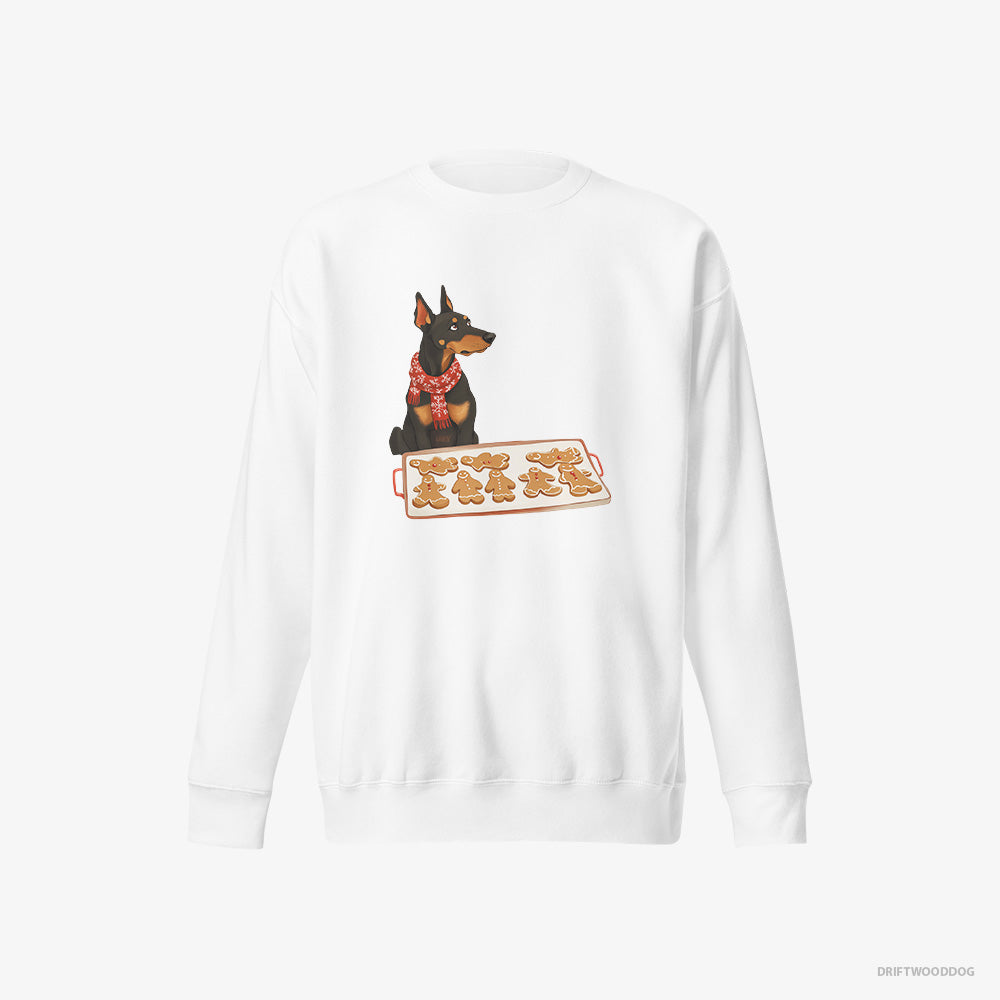 Dobermann Sweatshirt – Men White Sweatshirt Eco-Friendly – Making Festive Christmas Cookies (on White Background)