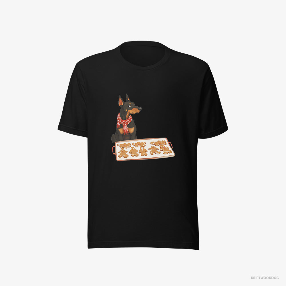 Dobermann T-Shirt – Men Black T-Shirt Eco-Friendly – Making Festive Christmas Cookies (on White Background)