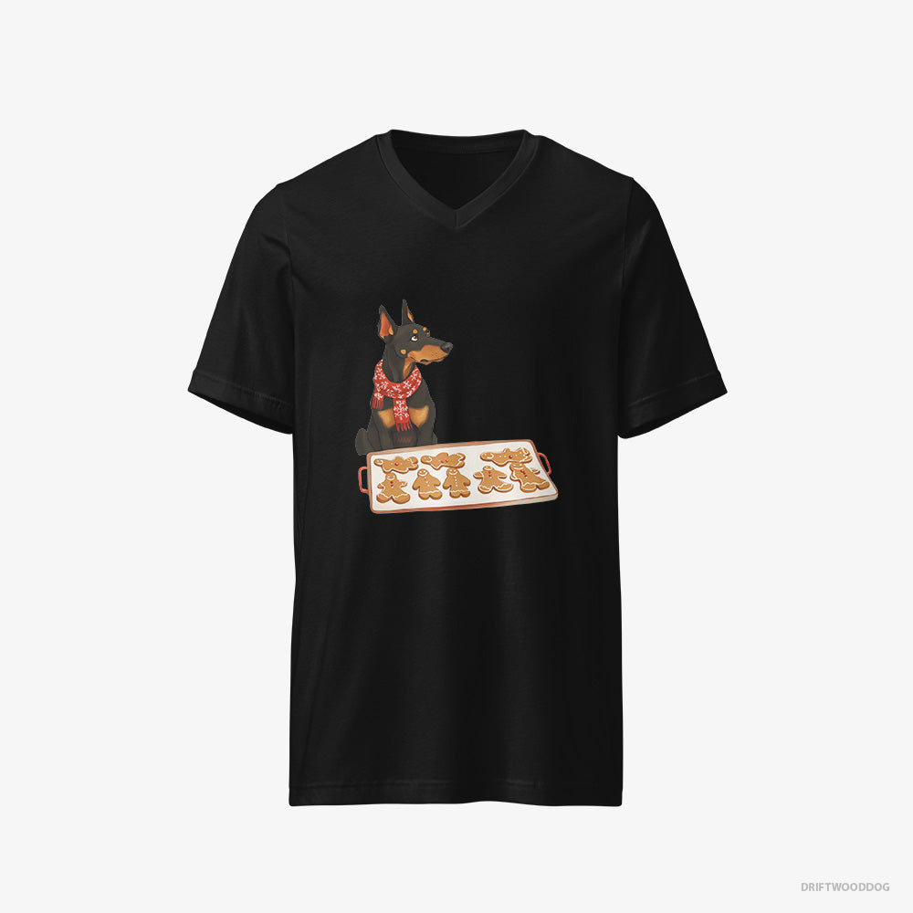 Dobermann T-Shirt – Men Black T-Shirt V-Neck – Making Festive Christmas Cookies (on White Background)