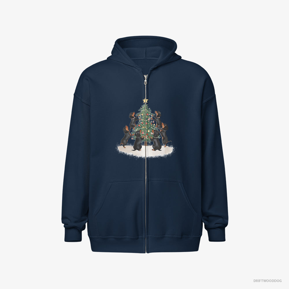 Dachshund Hoodie – Men Navy Hoodie Full-Zip – Puppies Decorating Christmas Tree (on White Background)