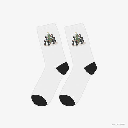 Dachshund Socks – Unisex White Socks Classic – Puppies Decorating Christmas Tree (on White Background)