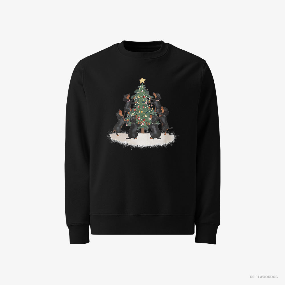 Dachshund Sweatshirt – Men Black Sweatshirt Classic – Puppies Decorating Christmas Tree (on White Background)