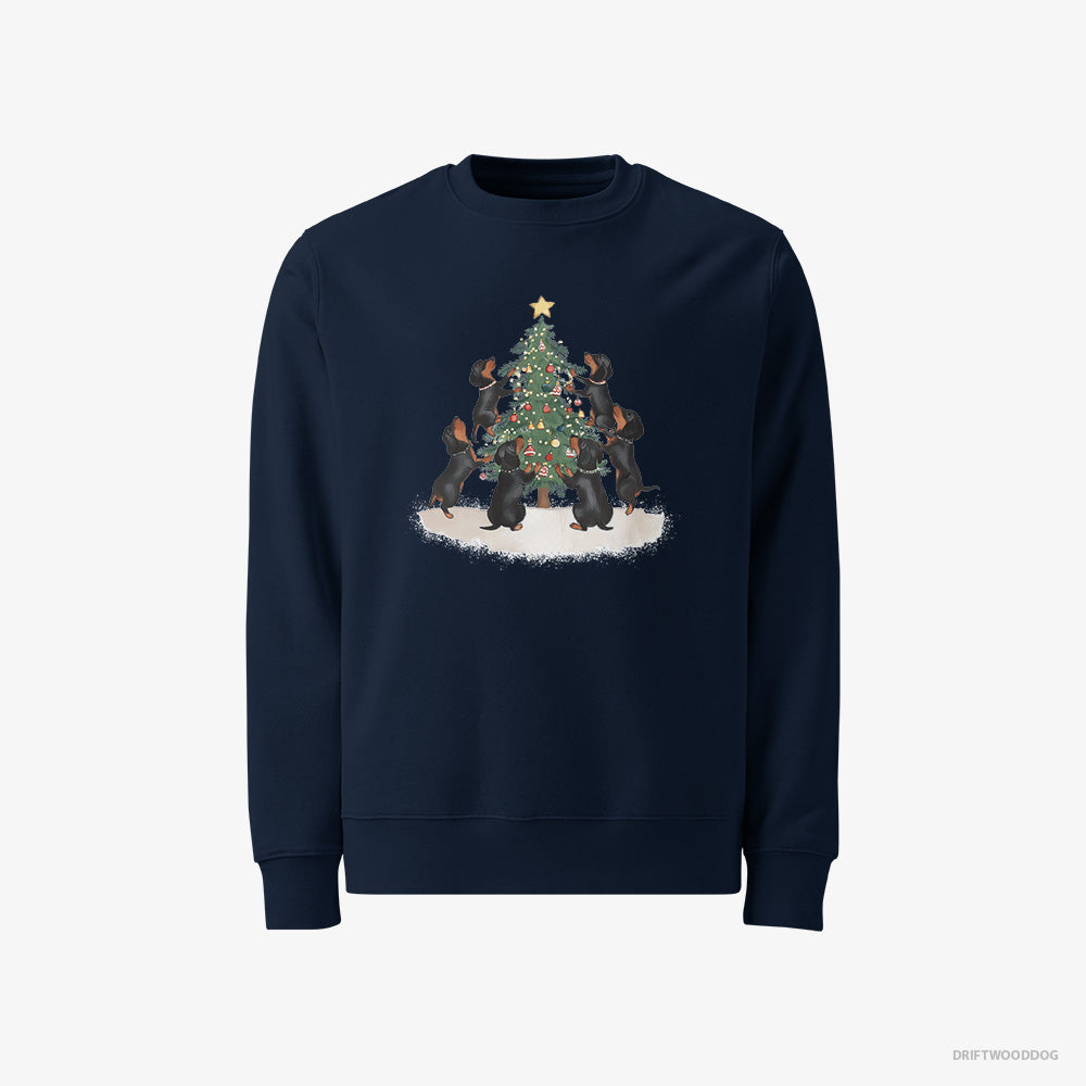 Dachshund Sweatshirt – Men Navy Sweatshirt Classic – Puppies Decorating Christmas Tree (on White Background)