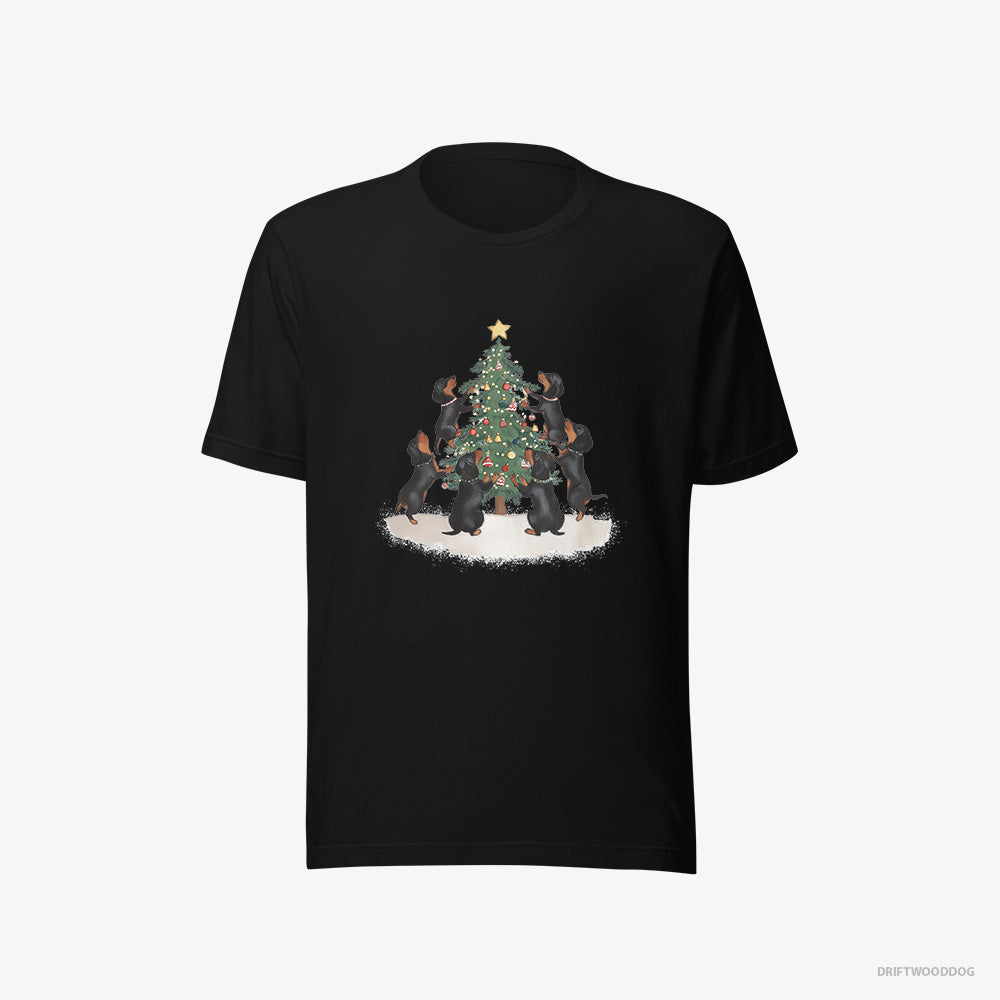 Dachshund T-Shirt – Men Black T-Shirt Eco-Friendly – Puppies Decorating Christmas Tree (on White Background)