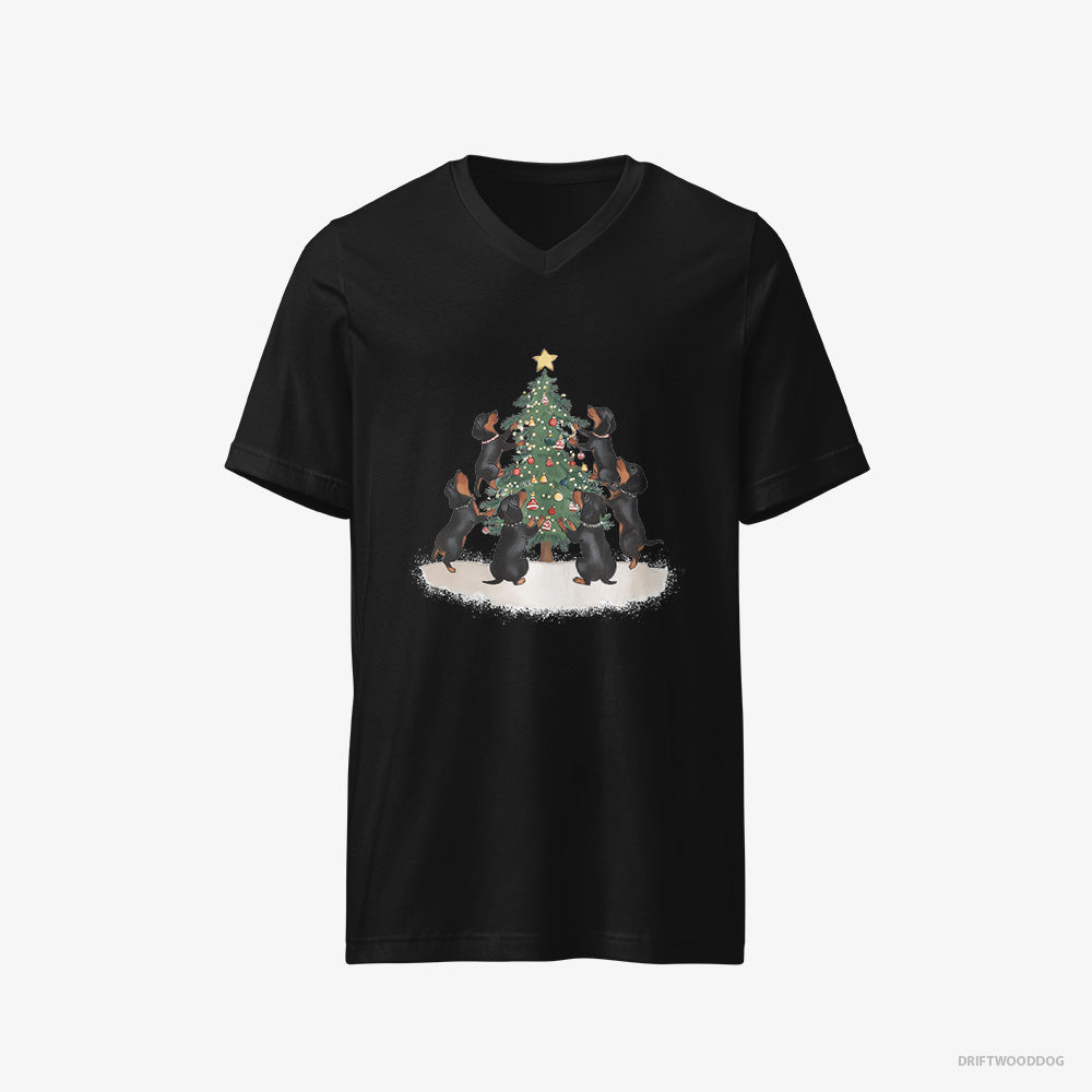 Dachshund T-Shirt – Women Black T-Shirt V-Neck – Puppies Decorating Christmas Tree (on White Background)