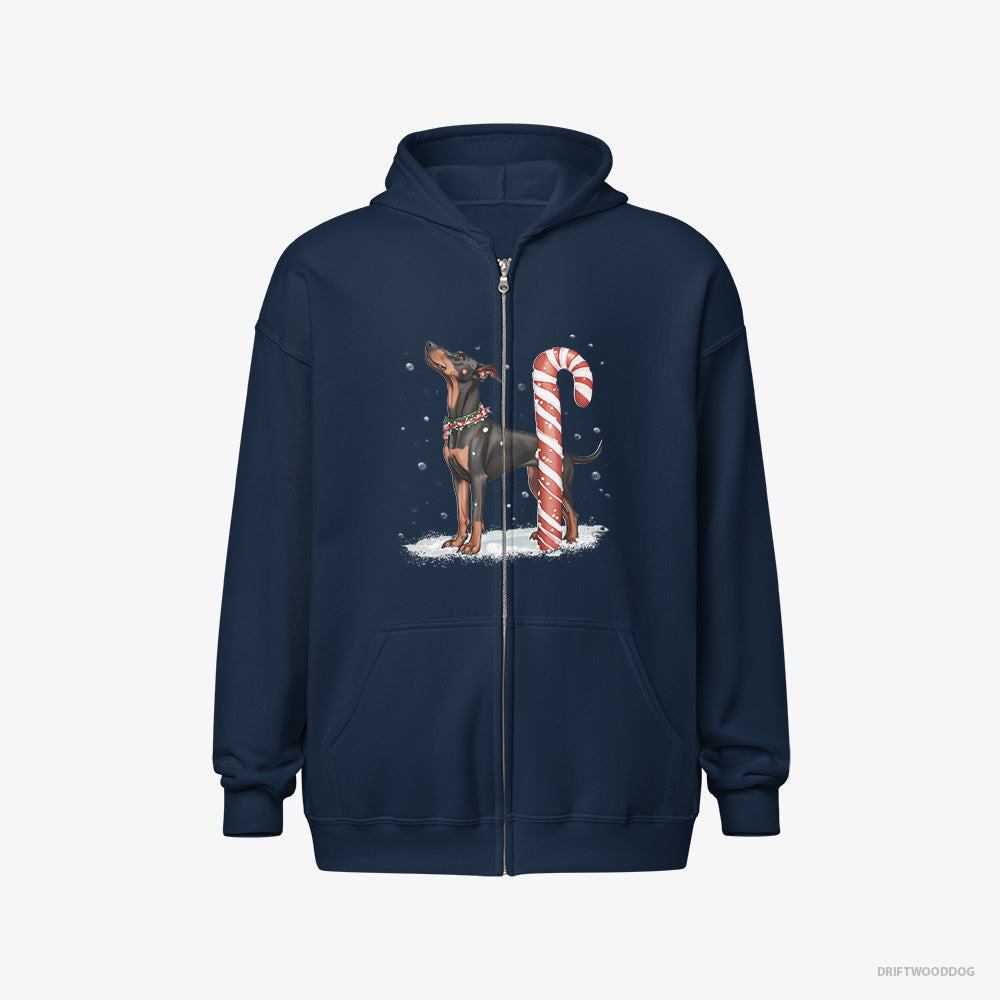 Dobermann Hoodie – Men Navy Hoodie Full-Zip – with a Giant Christmas Lollipop (on White Background)