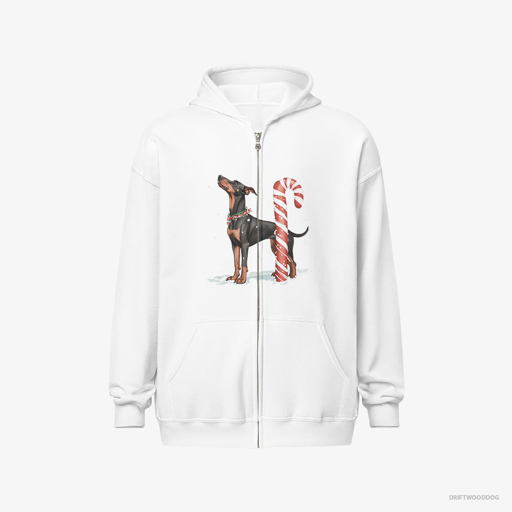 Dobermann Hoodie – Men White Hoodie Full-Zip – with a Giant Christmas Lollipop (on White Background)