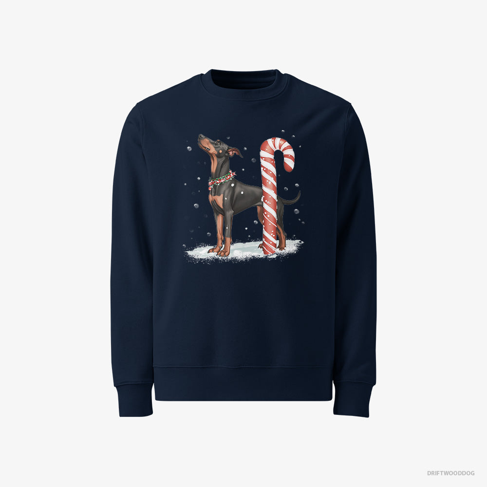 Dobermann Sweatshirt – Men Navy Sweatshirt Classic – with a Giant Christmas Lollipop (on White Background)