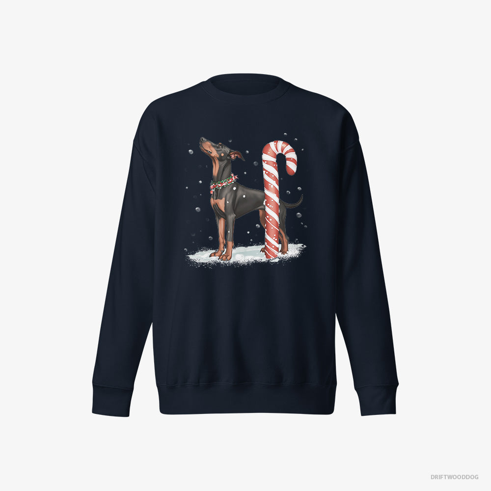 Dobermann Sweatshirt – Women Navy Sweatshirt Eco-Friendly – with a Giant Christmas Lollipop (on White Background)