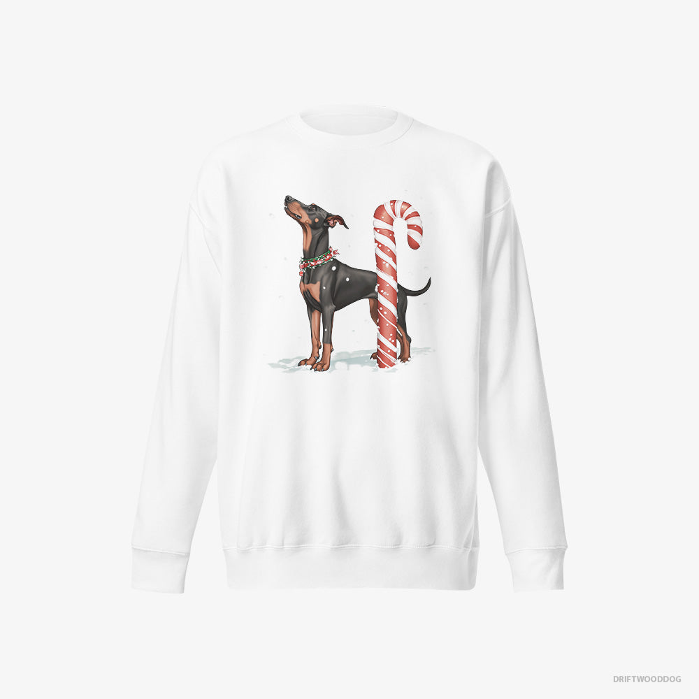 Dobermann Sweatshirt – Men White Sweatshirt Eco-Friendly – with a Giant Christmas Lollipop (on White Background)