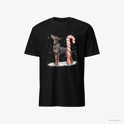 Dobermann with a Giant Christmas Lollipop Black T-Shirt