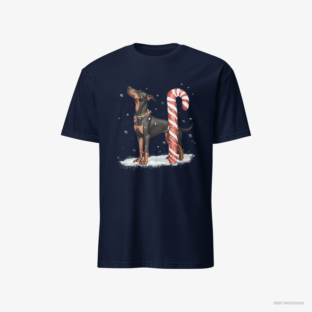 Dobermann T-Shirt – Men Navy T-Shirt Classic – with a Giant Christmas Lollipop (on White Background)