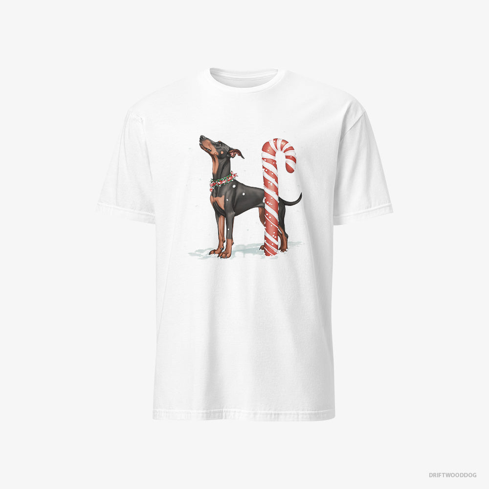 Dobermann T-Shirt – Men White T-Shirt Classic – with a Giant Christmas Lollipop (on White Background)