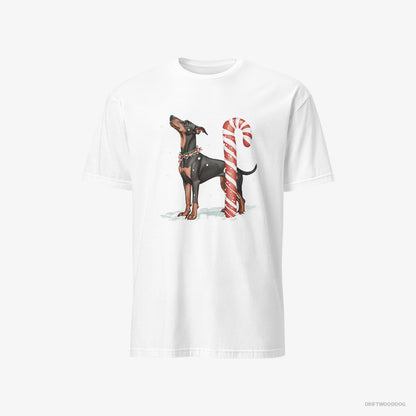 Dobermann T-Shirt – Men White T-Shirt Classic – with a Giant Christmas Lollipop (on White Background)