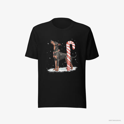 Dobermann with a Giant Christmas Lollipop Black T-Shirt