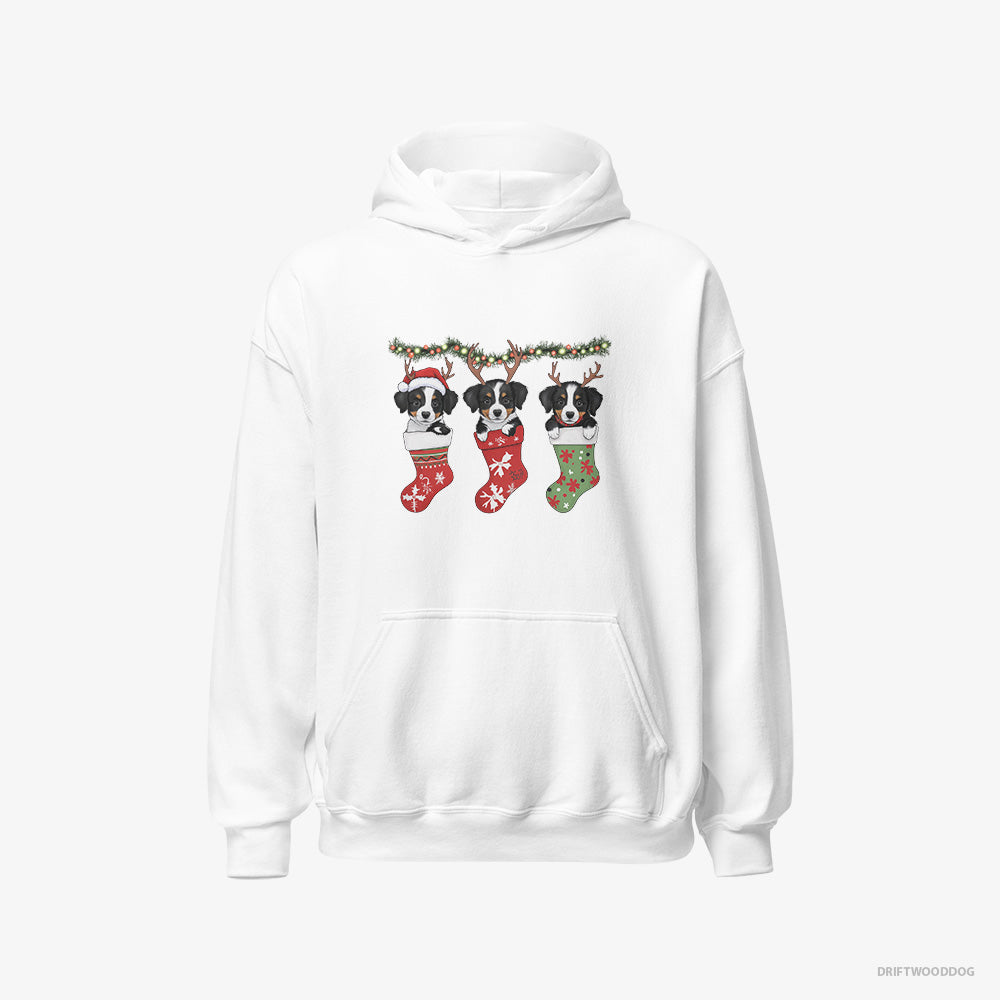 Border Collie Hoodie – Men White Hoodie Classic – Puppies in Christmas Stockings (on White Background)