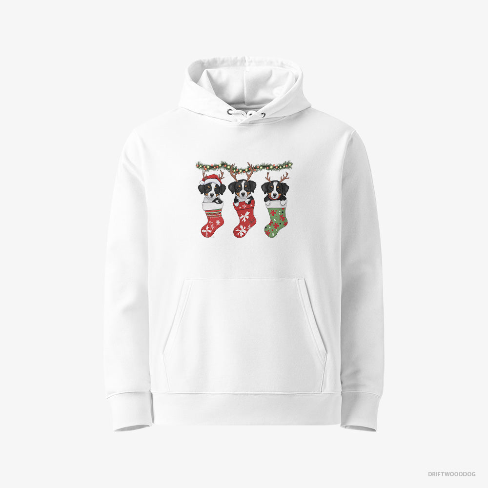 Border Collie Hoodie – Women White Hoodie Eco-Friendly – Puppies in Christmas Stockings (on White Background)