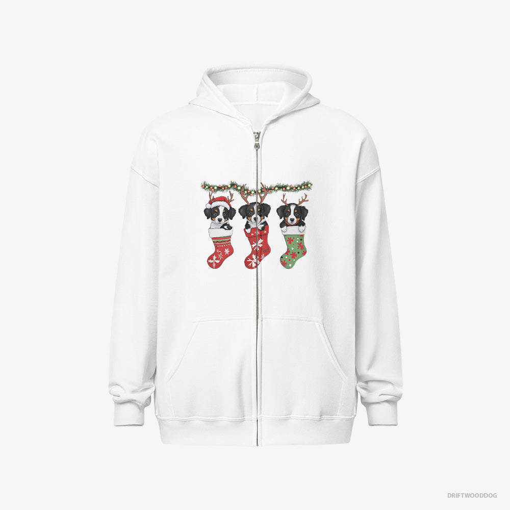 Border Collie Hoodie – Men White Hoodie Full-Zip – Puppies in Christmas Stockings (on White Background)