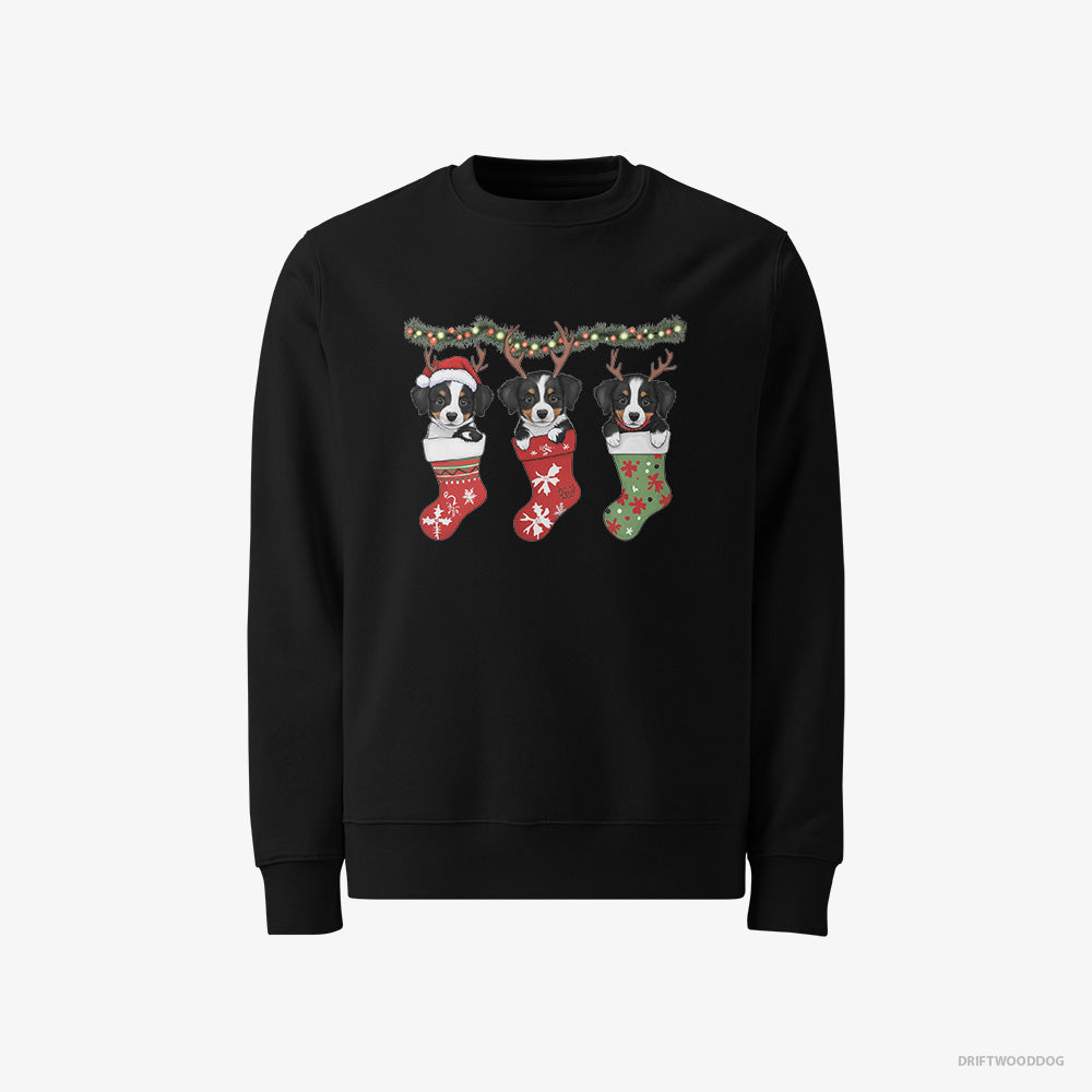 Border Collie Sweatshirt – Men Black Sweatshirt Classic – Puppies in Christmas Stockings (on White Background)