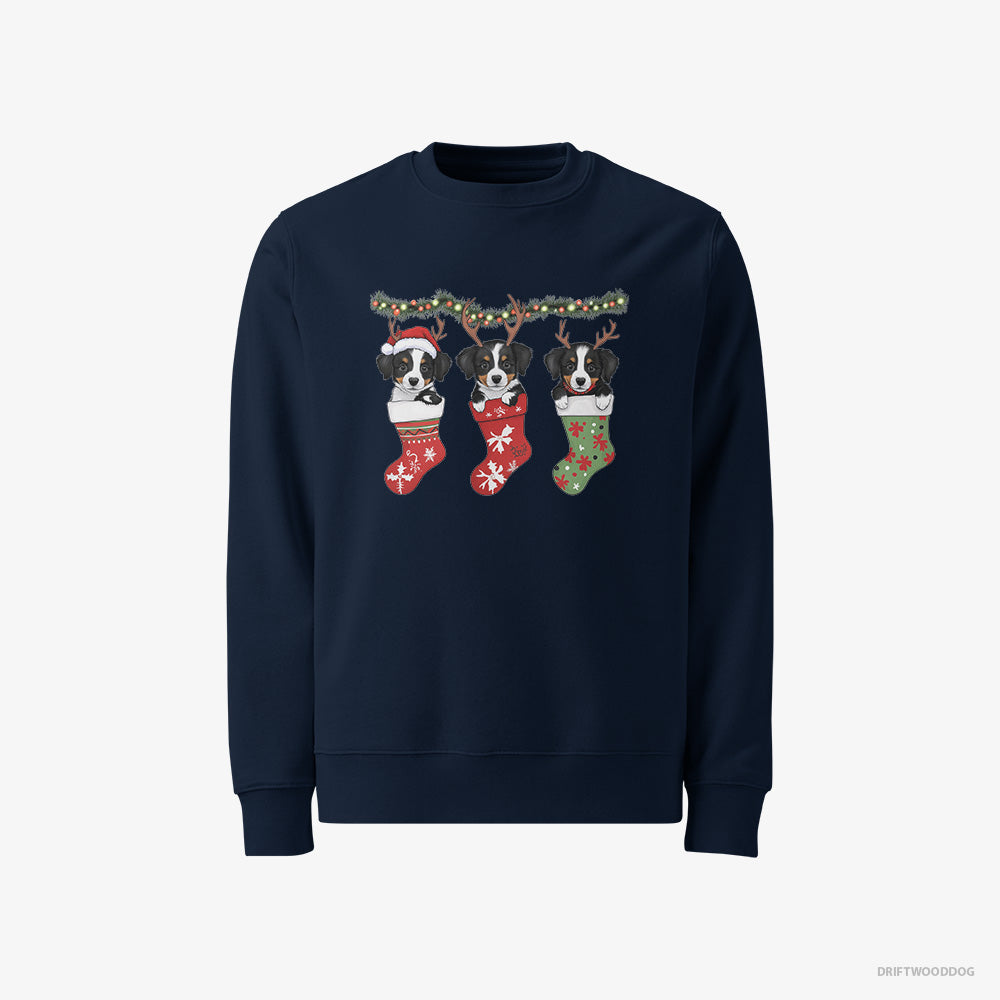 Border Collie Sweatshirt – Men Navy Sweatshirt Classic – Puppies in Christmas Stockings (on White Background)